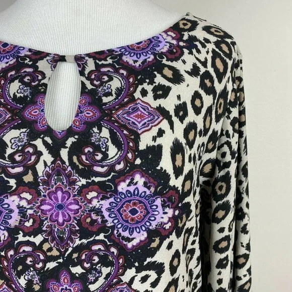 Dana Buchman Dress M Leopard Floral 3/4 Bell Sleeve Beige Tan Purple - Picture 4 of 11
